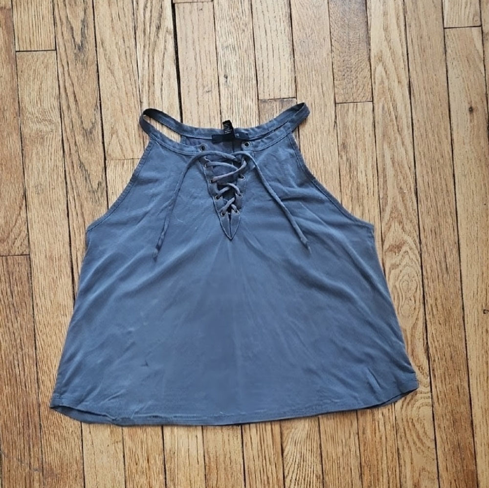 Forever 21 Gray Lace-Up Apron Neckline Top